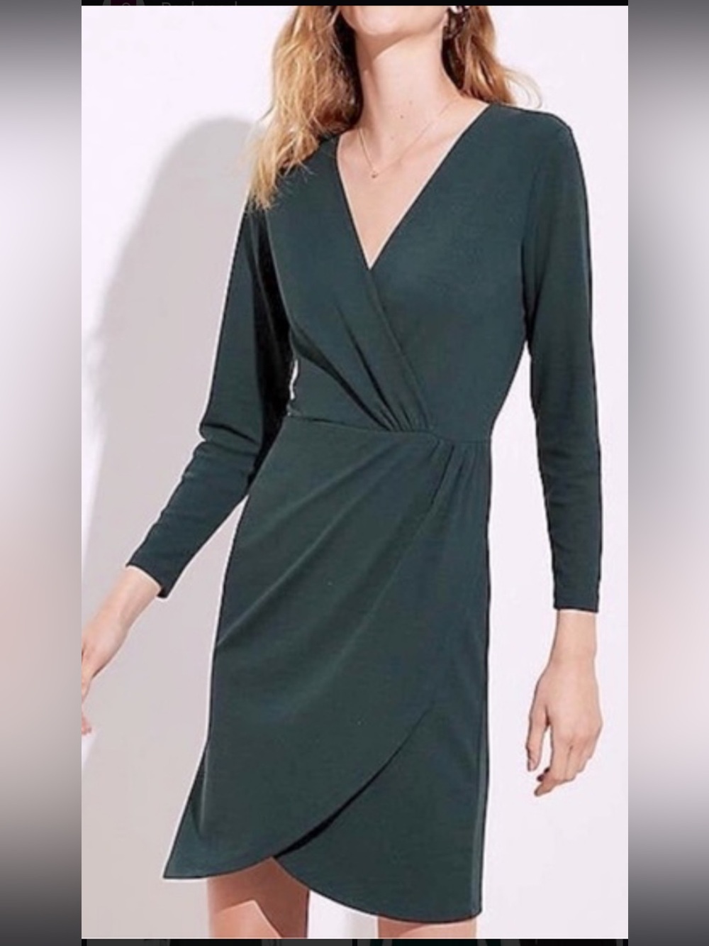LOFT Forest Green Long-Sleeve Faux-Wrap Dress